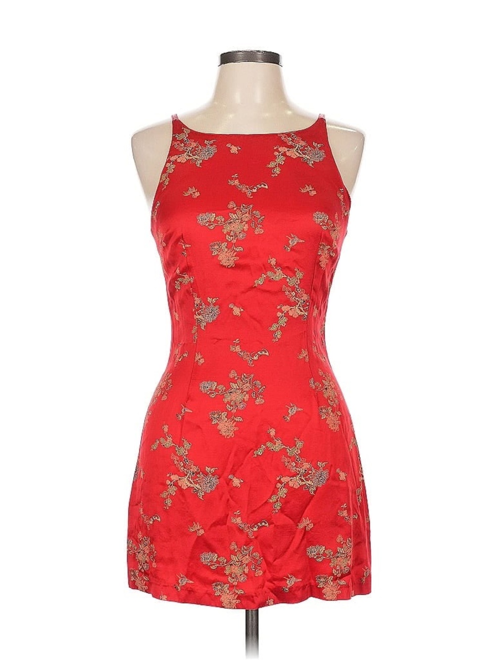 Finesse Red Satin Mini Dress with Gold Floral Embroidery